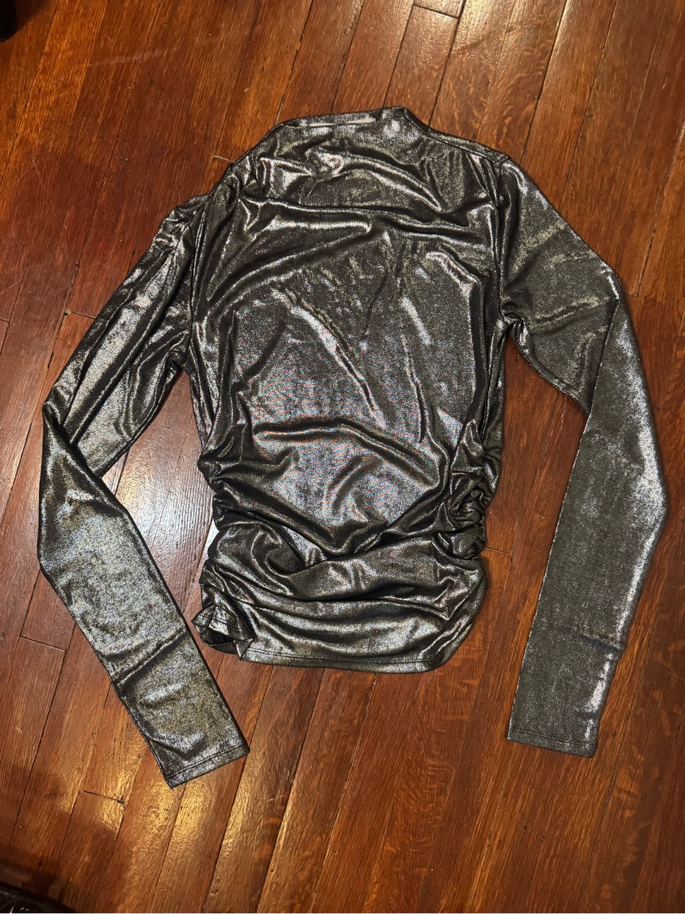 Shimmery Metallic Long Sleeve Top with side ruching - Silver / Gunmetal